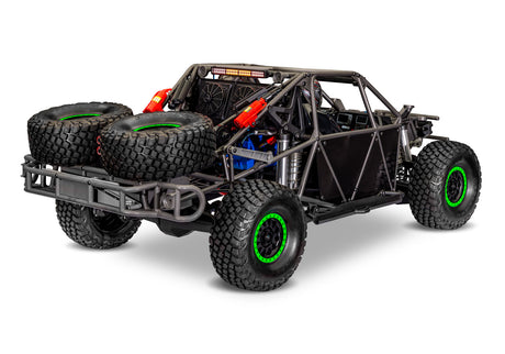 Traxxas Unlimited Desert Racer RC car with green army-themed chassis and rear view showing rugged design and detailed components.