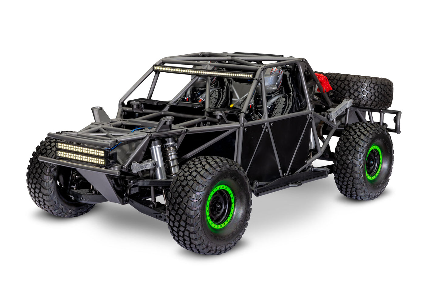 Traxxas Unlimited Desert Racer radio-controlled car with green army camouflage chassis, shown from front three-quarter angle.