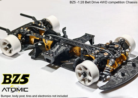 Atomic RC Z5 Belt Drive 4WD RC chassis kit with detailed components and durable construction for high-performance remote control cars.