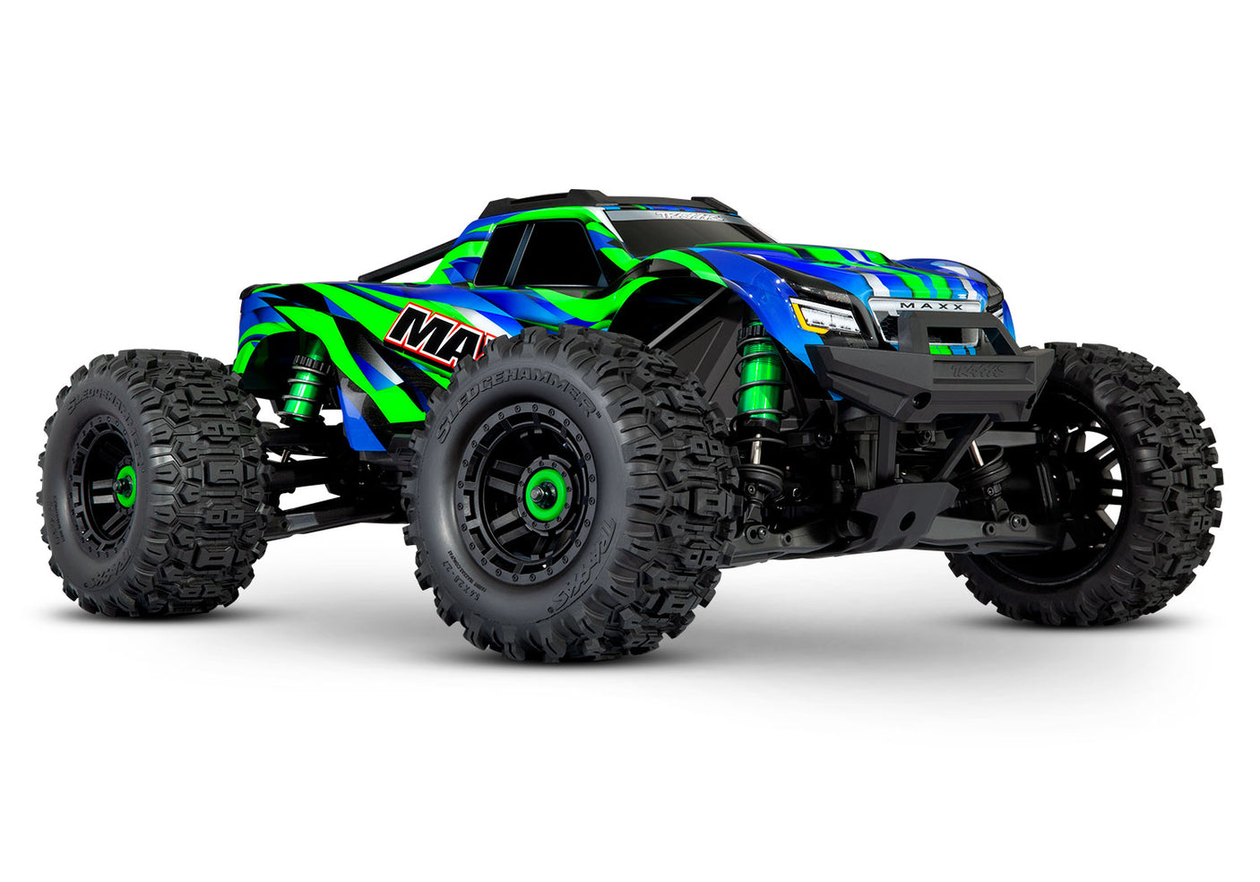 Traxxas Maxx RC truck with WideMaxx suspension, green body, front three-quarter view showing large tires and detailed design.