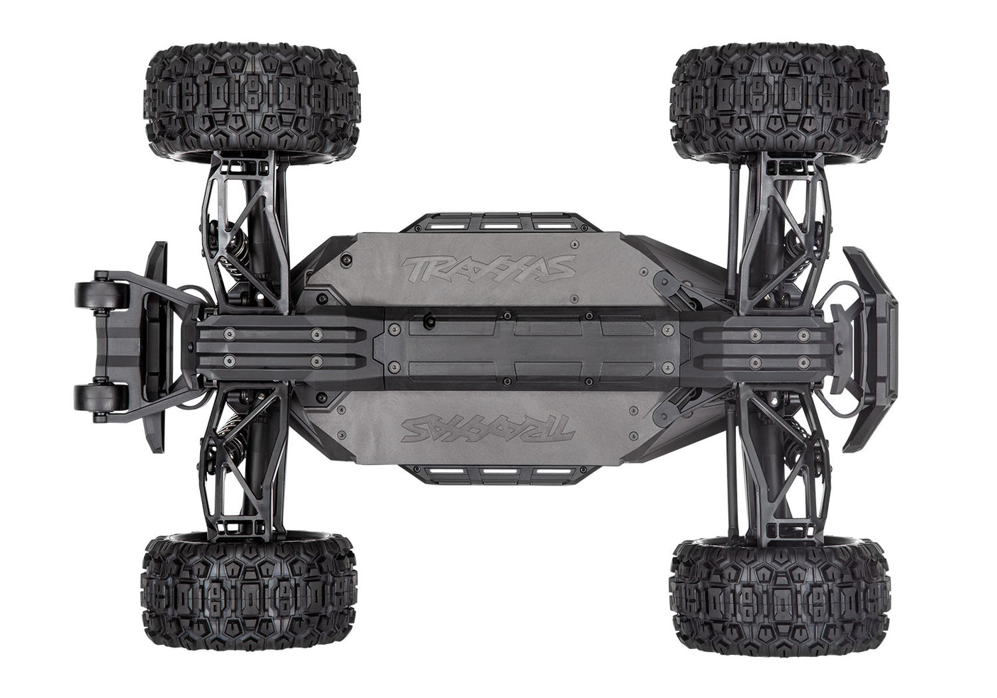 Bottom view of the Traxxas Maxx RC truck chassis with WideMaxx suspension, showing detailed components and sturdy build.