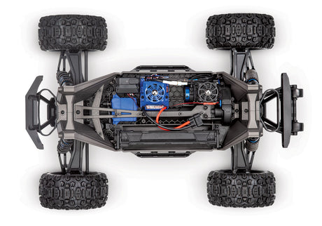 Top view of Traxxas Maxx RC truck with WideMaxx suspension and chassis details in a clear, detailed image.