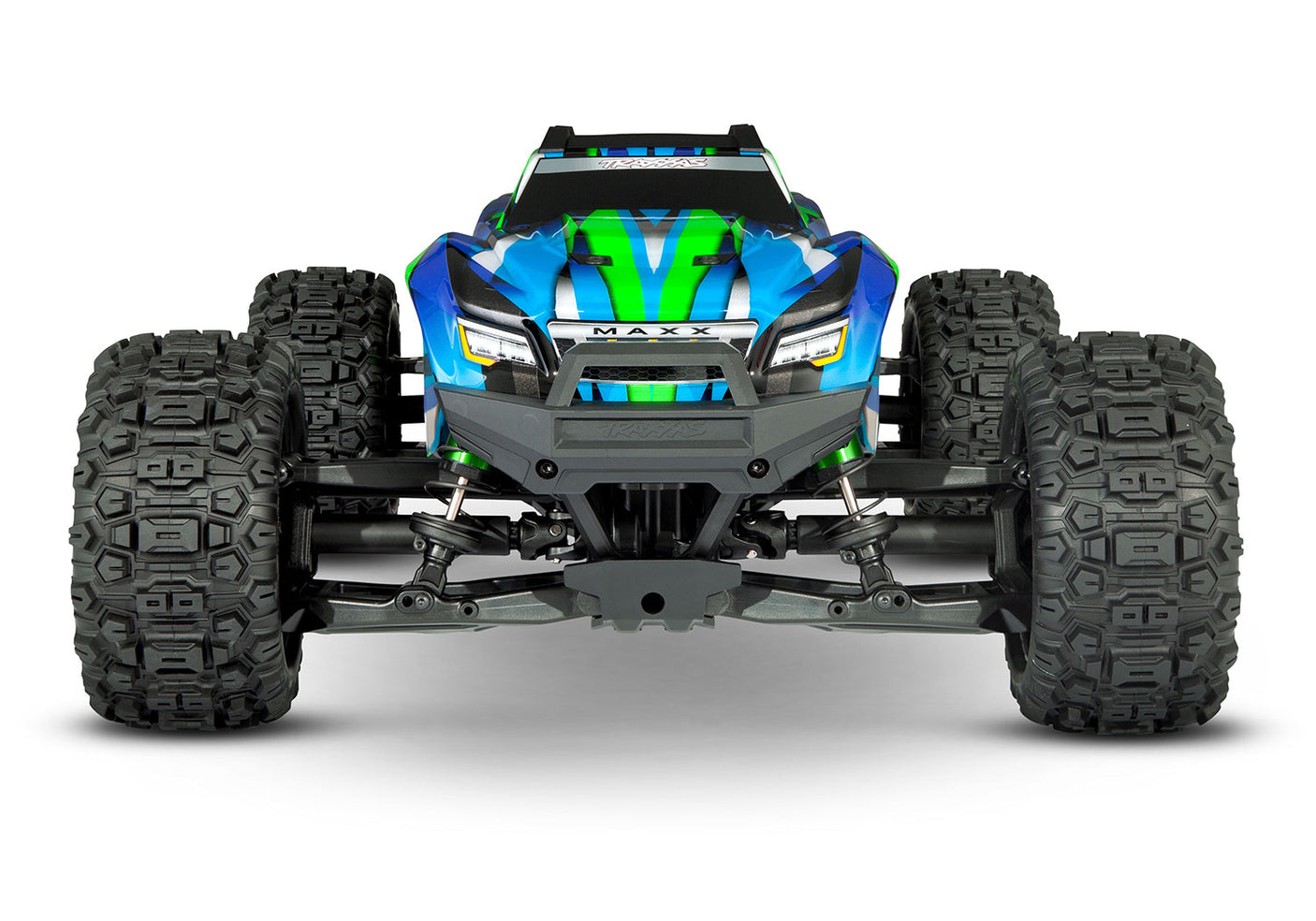 Green Traxxas Maxx RC truck with WideMaxx suspension, front view showing large tires and detailed chassis.