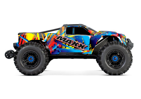 Traxxas Maxx RC monster truck with WideMaxx suspension shown from side view, featuring large tires and detailed chassis.