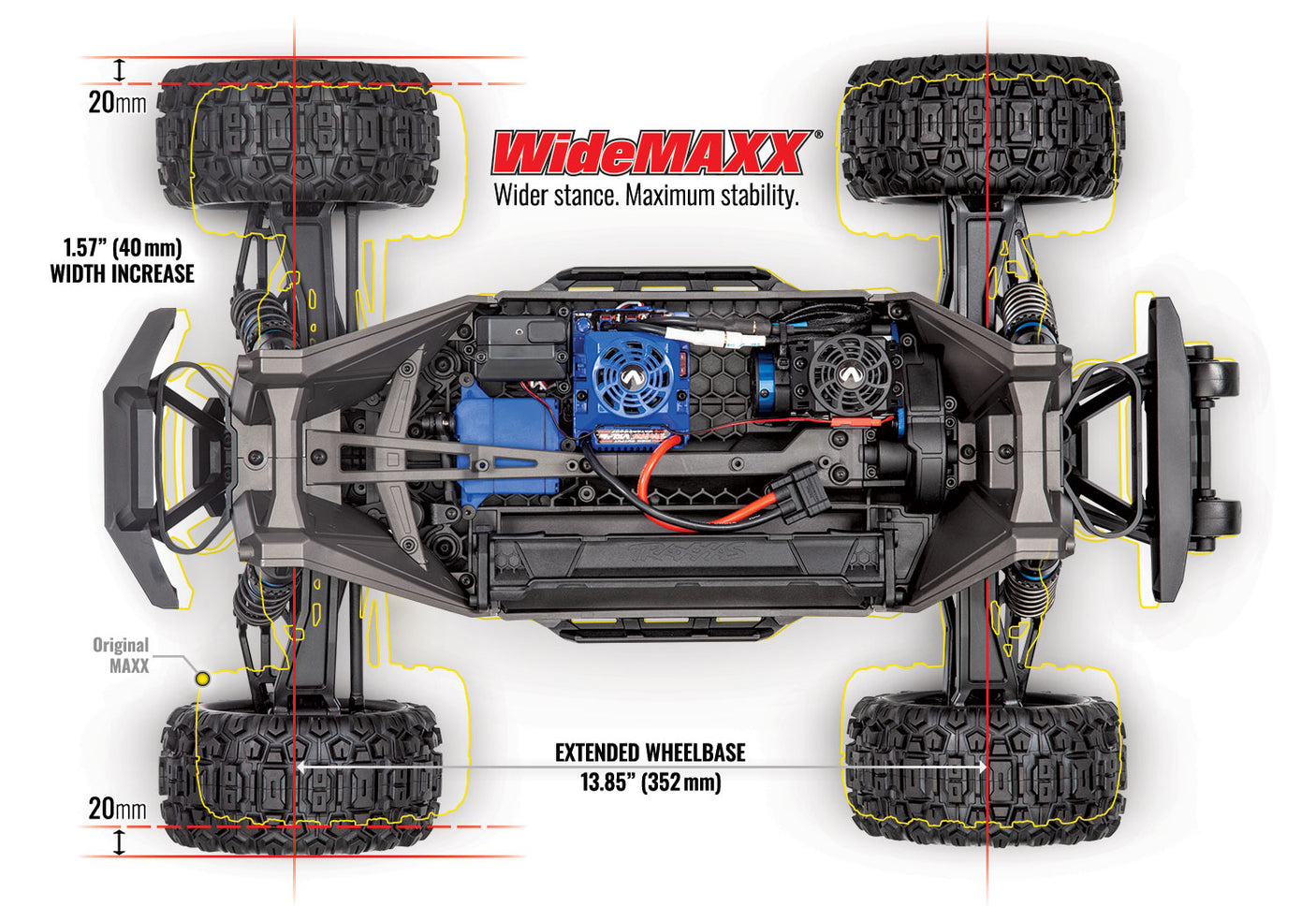 Diagram of Traxxas Maxx with WideMaxx chassis showing suspension, drivetrain, and structural components for RC truck.