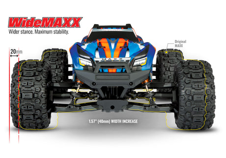 Traxxas Maxx RC truck with WideMaxx suspension system, front diagram showing detailed chassis and wheel components.