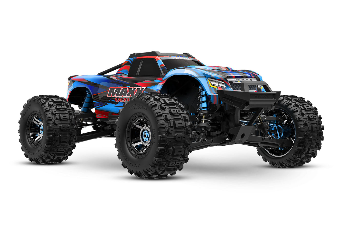 Traxxas Maxx Ultimate RC truck with blue body and large tires, front quarter view showcasing detailed design and rugged build
