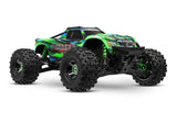 Green Traxxas Maxx Ultimate remote control monster truck viewed from a 3/4 front angle.