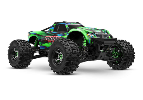 Green Traxxas Maxx Ultimate remote control monster truck viewed from a 3/4 front angle.
