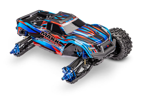 Traxxas Maxx Ultimate remote control truck with detailed blue body, showcasing its powerful design and rugged build.