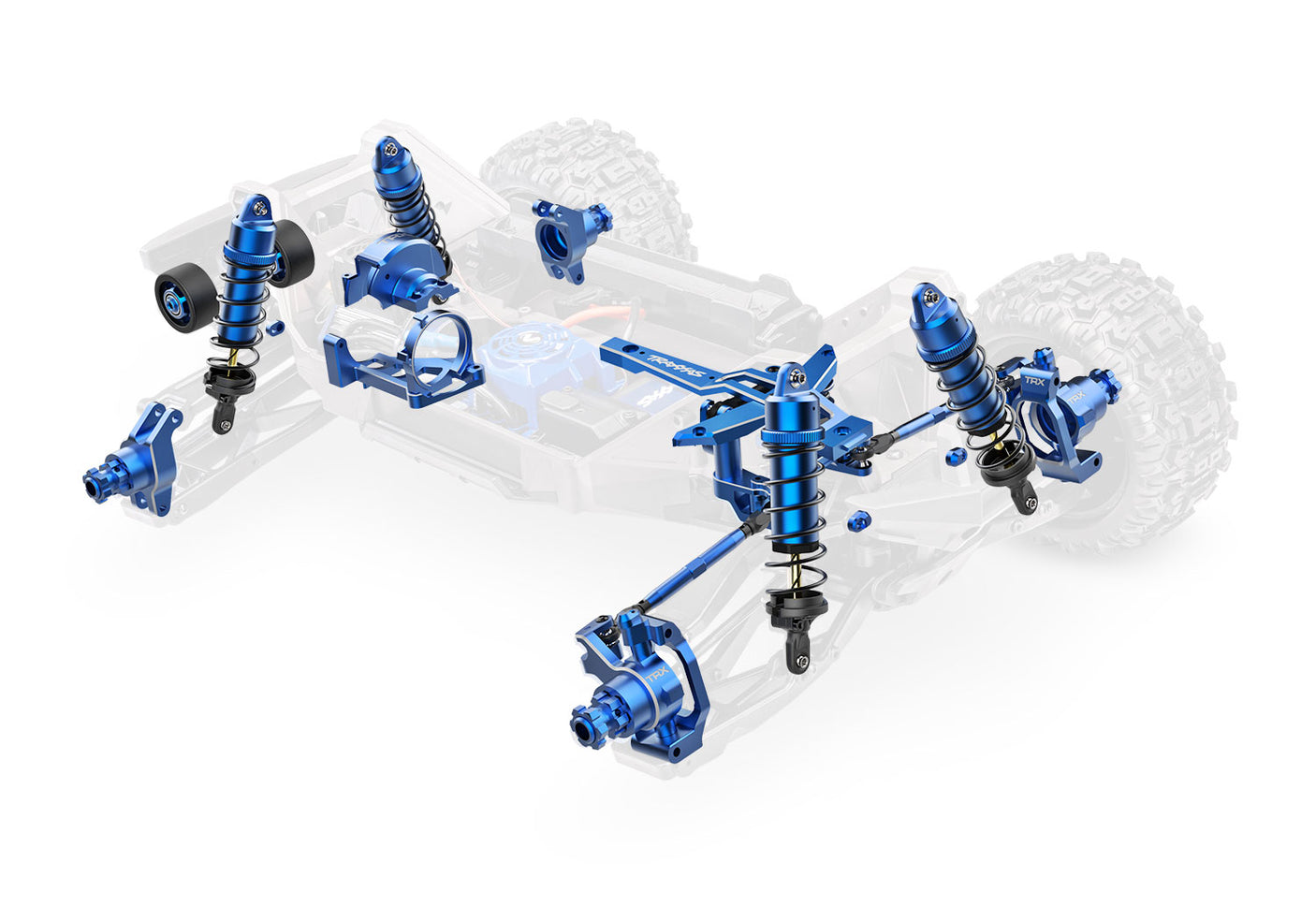 Traxxas Maxx Ultimate RC car chassis with blue detail and accessories, showcasing the detailed components of the Traxxas vehicle.