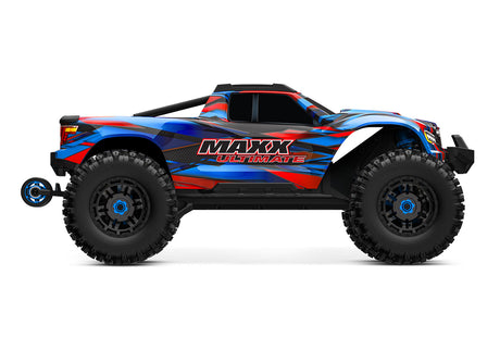 Blue Traxxas Maxx Ultimate RC monster truck with large tires and detailed body, showcasing powerful off-road design.