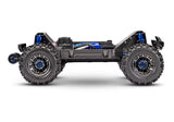 Blue Traxxas Maxx Ultimate RC truck side chassis view showing detailed construction and design from left to right.