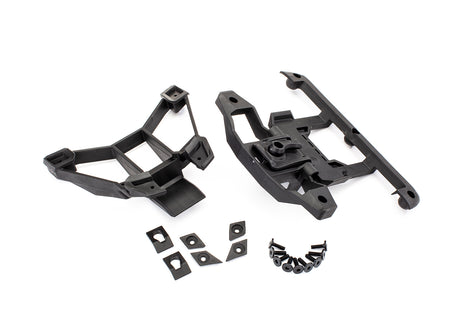 Traxxas front and rear body mounts with hardware for RC car, showing assembled mounts and screws on a white background.