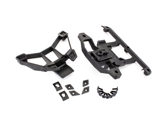 Traxxas front and rear body mounts with hardware for RC car, showing assembled mounts and screws on a white background.