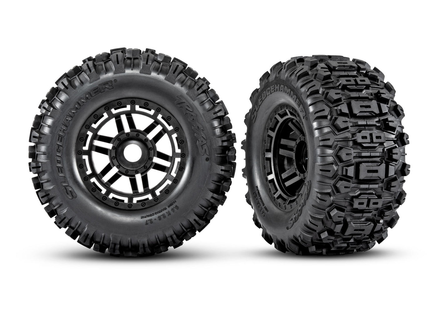 Pair of Traxxas Maxx 2.8-inch black wheels with Sledgehammer tires, showing the rugged off-road tread pattern and sturdy design.