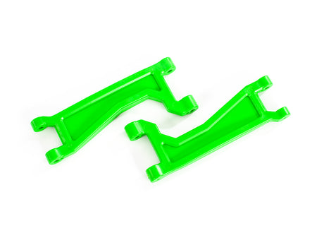 Pair of Traxxas WideMaxx Green HD upper suspension arms for remote control trucks, shown in a close-up image.