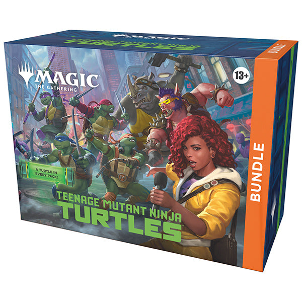 Teenage Mutant Ninja Turtles bundle by Wizards of the Coast featuring game cards and collectible items with colorful turtle characters.