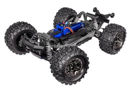 Traxxas Stampede 4X4 VXL remote control monster truck front chassis view, showcasing the detailed off-road vehicle design.