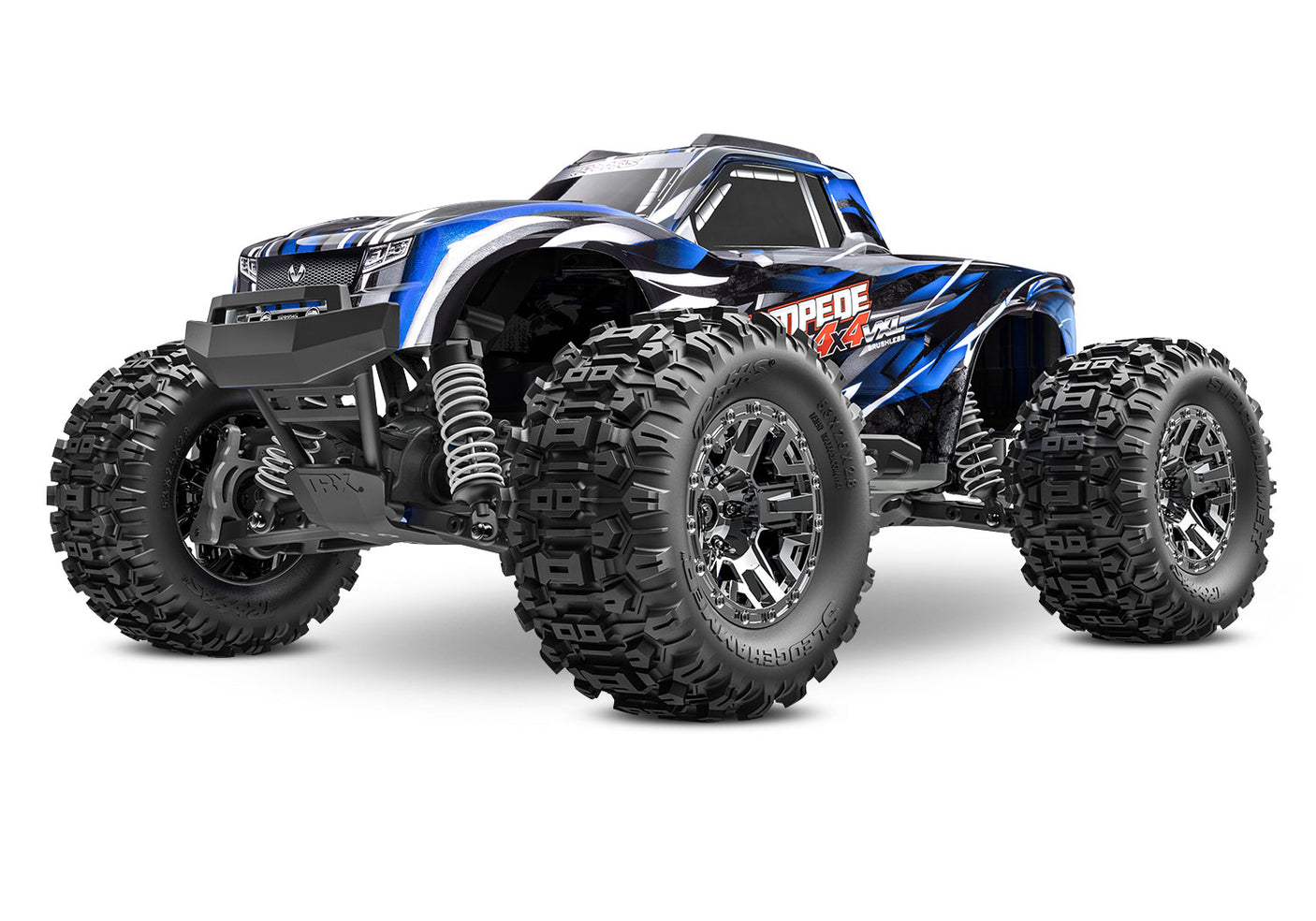 Traxxas Stampede 4X4 VXL RC truck in blue, front three-quarter view showing rugged tires and detailed body design.