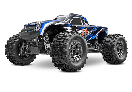 Traxxas Stampede 4X4 VXL RC truck in blue, front three-quarter view showing rugged tires and detailed body design.