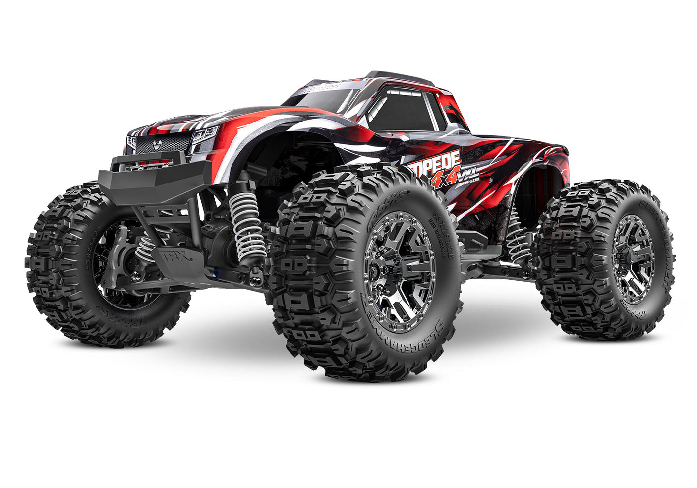 Red Traxxas Stampede 4X4 VXL remote control truck shown from a three-quarter front angle.