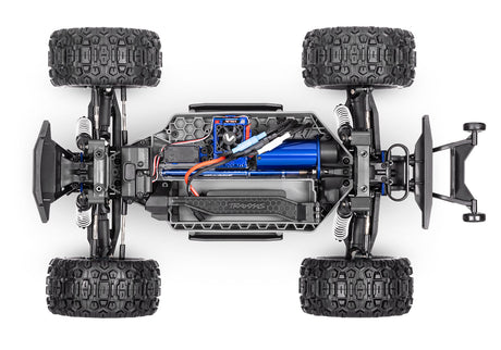 Overhead view of the Traxxas Stampede 4X4 VXL RC truck chassis showing detailed components and construction.