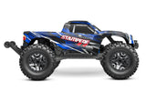 Blue Traxxas Stampede 4X4 VXL RC truck shown from the right side with detailed off-road tires and sturdy chassis.