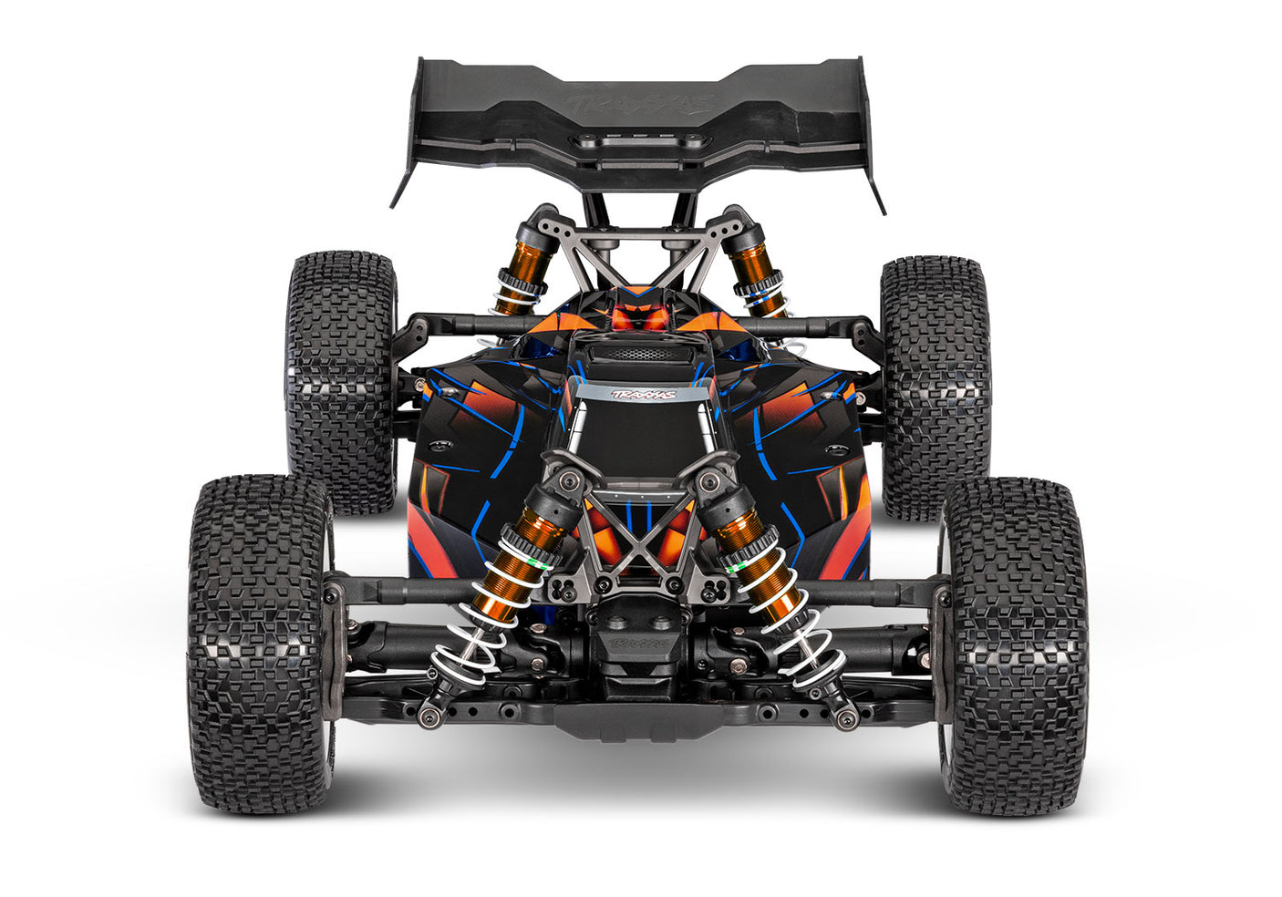Traxxas Jato 4X4 VXL 4S RC truck with orange body, front view showing rugged tires and detailed design.