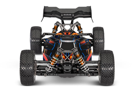 Traxxas Jato 4X4 VXL 4S RC truck with orange body, front view showing rugged tires and detailed design.