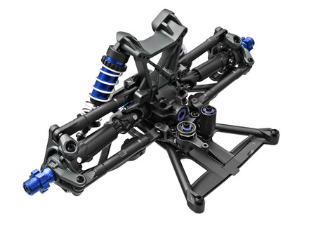 Traxxas Jato 4X4 VXL 4S RC car with colorful LED lights, showing the front suspension and bellcranks in detail