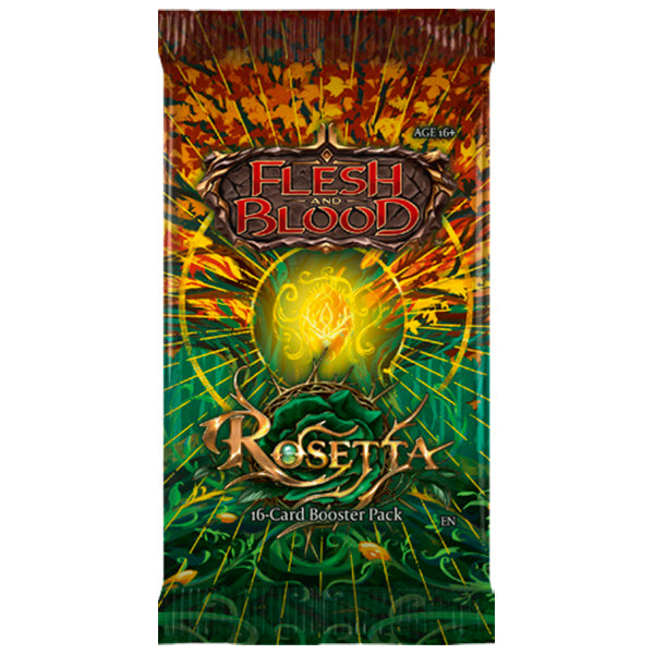 Flesh and Blood Rosetta Booster Pack of collectible trading cards by Legends Story Studios, featuring colorful card designs.