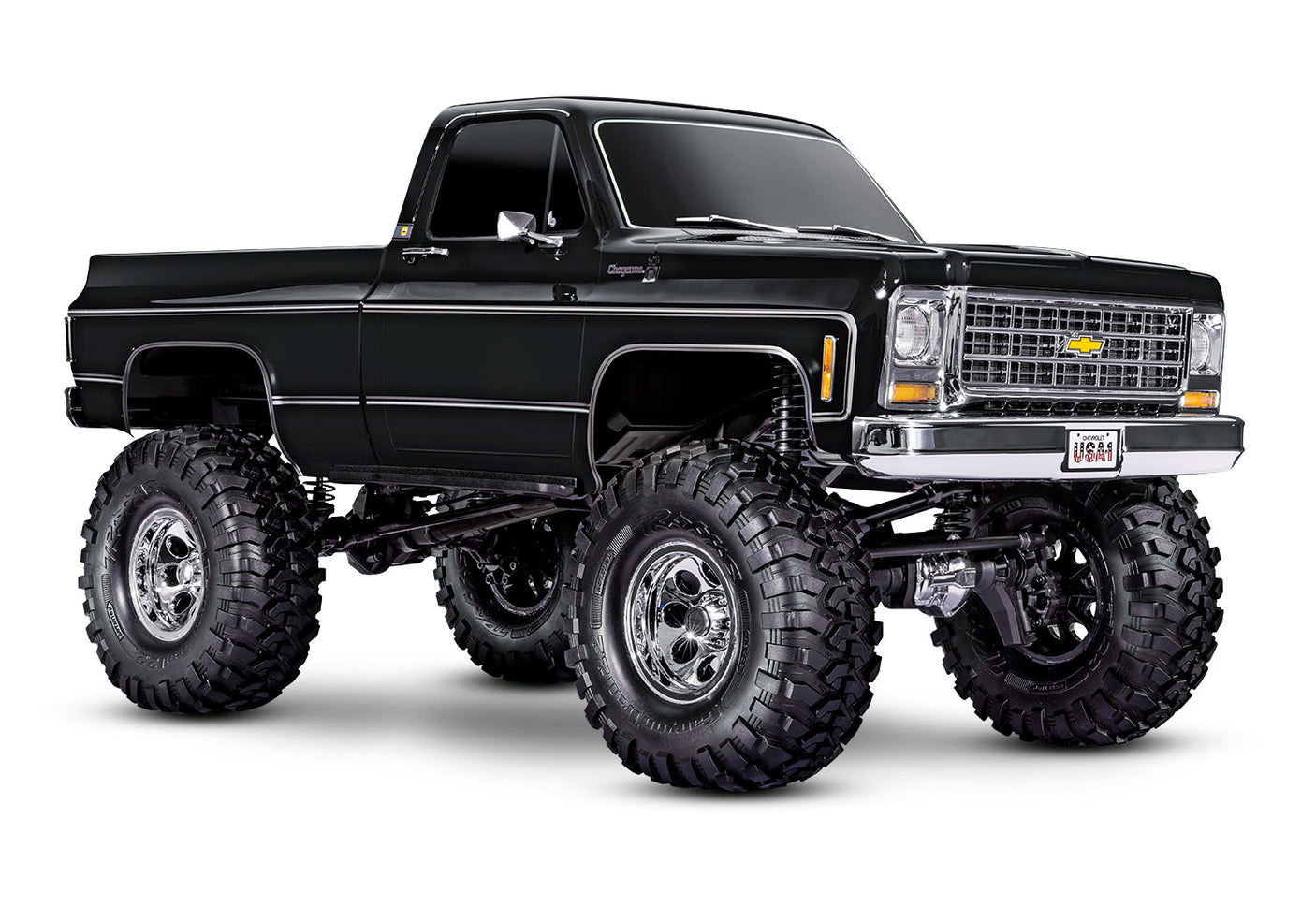 Traxxas TRX-4 Chevrolet K10 High Trail Edition RC truck with black front grille and detailed exterior, showcasing off-road design.