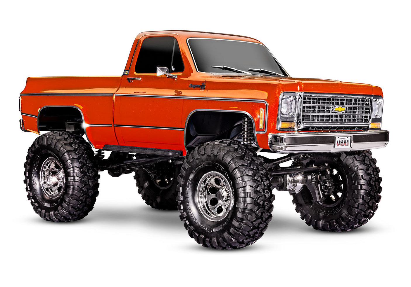 Traxxas TRX-4 Chevrolet K10 High Trail Edition RC truck with detailed front and side view, showcasing its rugged off-road design.
