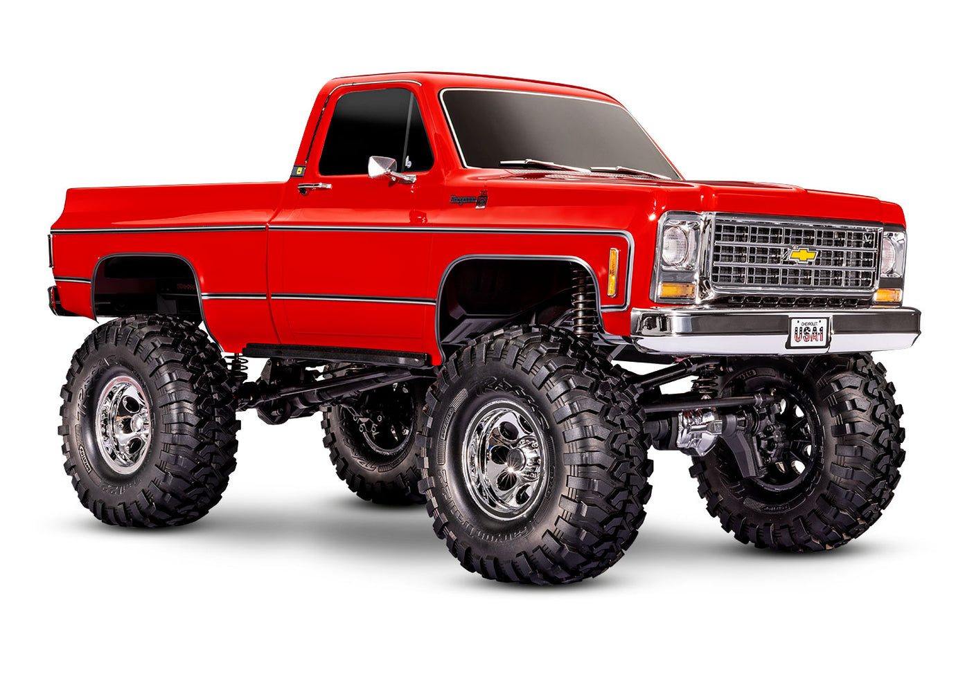 Red Traxxas TRX-4 Chevrolet K10 High Trail Edition remote control truck seen from a three-quarter front angle.