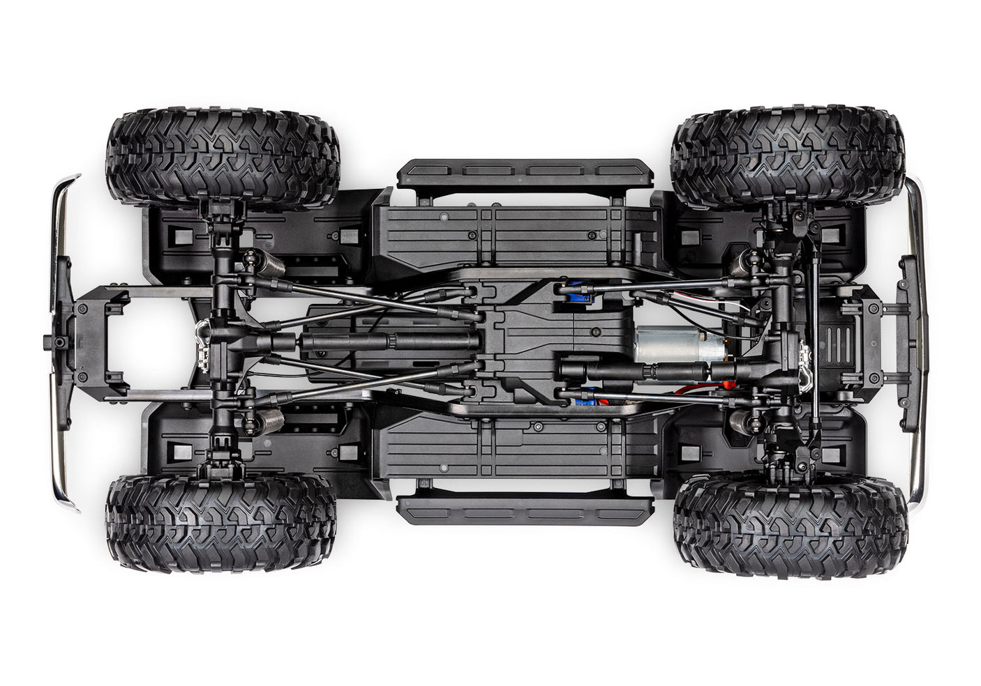 Traxxas TRX-4 Chevrolet K10 High Trail Edition RC truck chassis bottom view showing detailed suspension and drivetrain components.