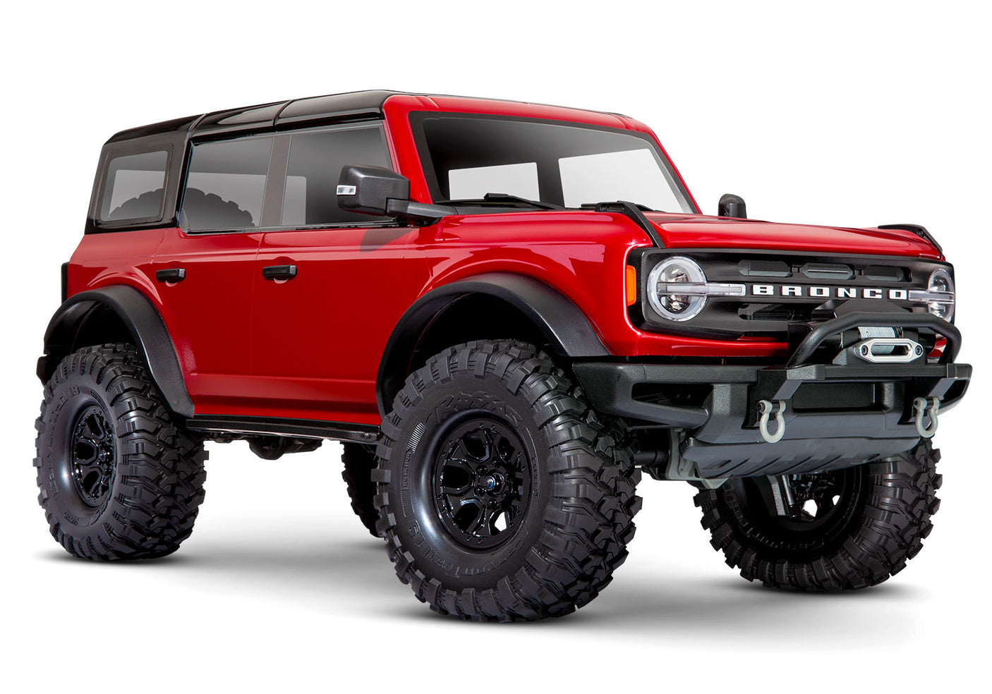 Red Traxxas TRX-4 2021 Ford Bronco 4x4 RTR crawler shown from a three-quarter front angle.