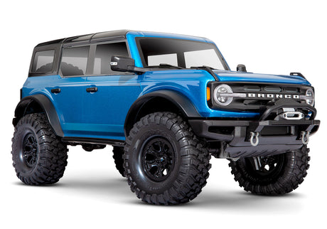 Traxxas TRX-4 2021 Ford Bronco 4x4 RTR crawler with detailed front quarter view and vibrant blue body.