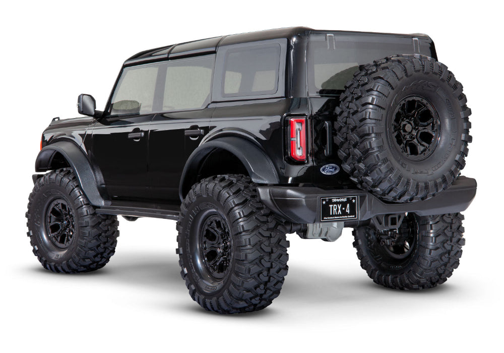 Traxxas TRX-4 2021 Ford Bronco 4x4 RTR crawler with rear view, black body, detailed off-road vehicle model.