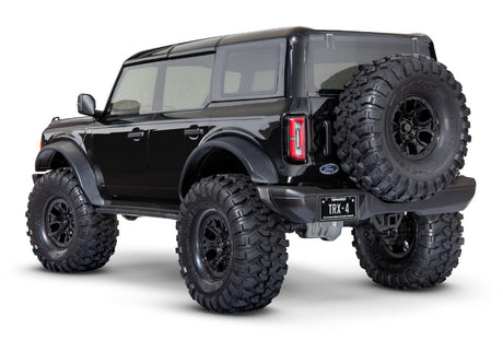Traxxas TRX-4 2021 Ford Bronco 4x4 RTR crawler with rear view, black body, detailed off-road vehicle model.