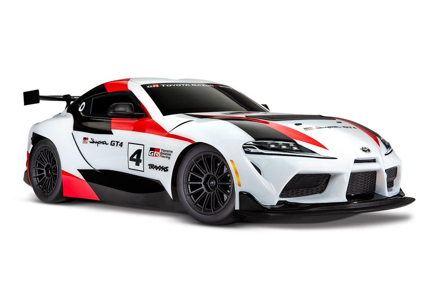 Traxxas 4-Tec 3.0 Toyota Supra BL-2s RC car front quarter view, detailed exterior with Supra branding and realistic design features.