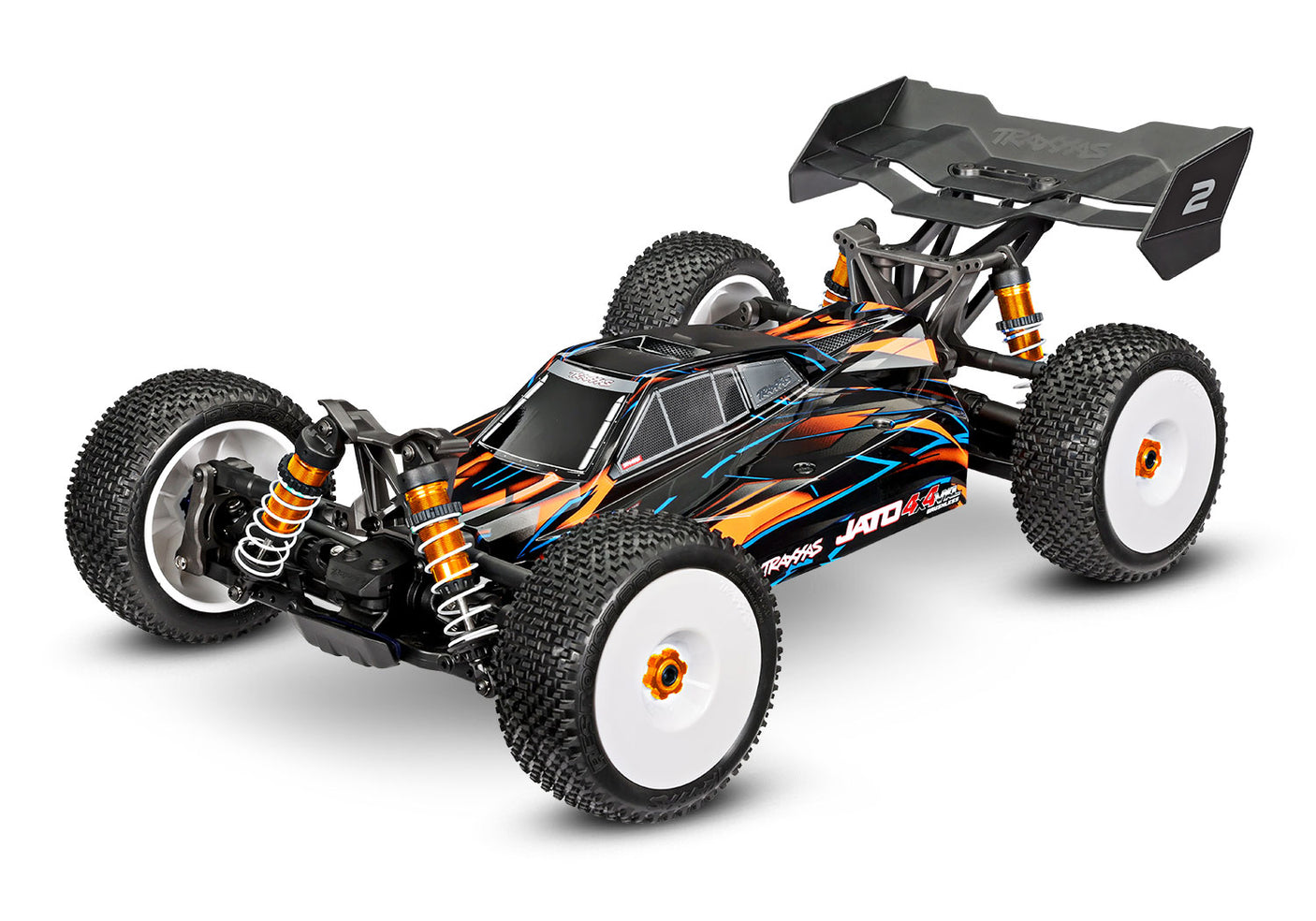 Traxxas Jato 4X4 VXL 4S remote control car with orange body, showing the front left side and detailed design features.