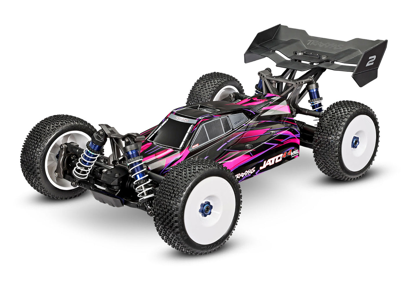 Traxxas Jato 4X4 VXL 4S remote control car with pink body, shown from a three-quarter front angle.
