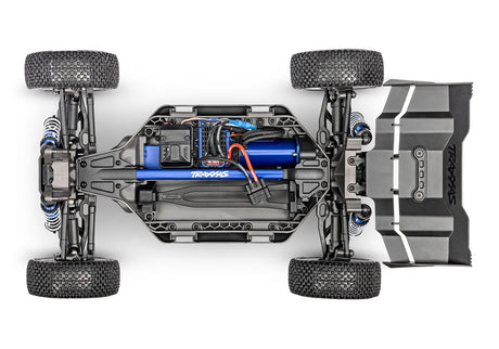 Overhead view of Traxxas Jato 4X4 VXL 4S RC car chassis showing detailed suspension and drivetrain components.