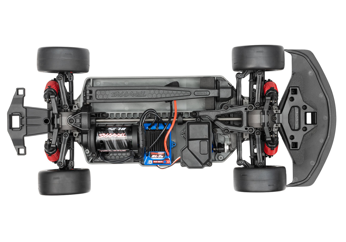 Overhead view of the Traxxas 4-Tec 3.0 Toyota Supra BL-2s RC car chassis with RGB lighting accents