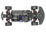Overhead view of the Traxxas 4-Tec 3.0 Toyota Supra BL-2s RC car chassis with RGB lighting accents