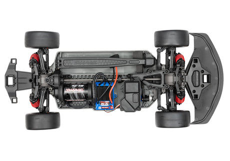 Overhead view of the Traxxas 4-Tec 3.0 Toyota Supra BL-2s RC car chassis with RGB lighting accents