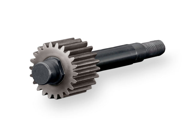 Traxxas 22-tooth steel transmission input gear and shaft for RC car, showing detailed metal construction and gear teeth.