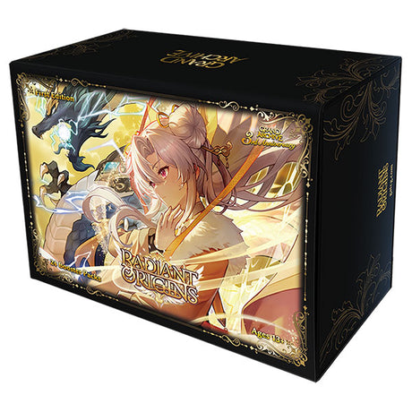 Radiant Origins first edition booster box for Grand Archive TCG by Weebs of the Shore, showing sealed colorful card packaging.