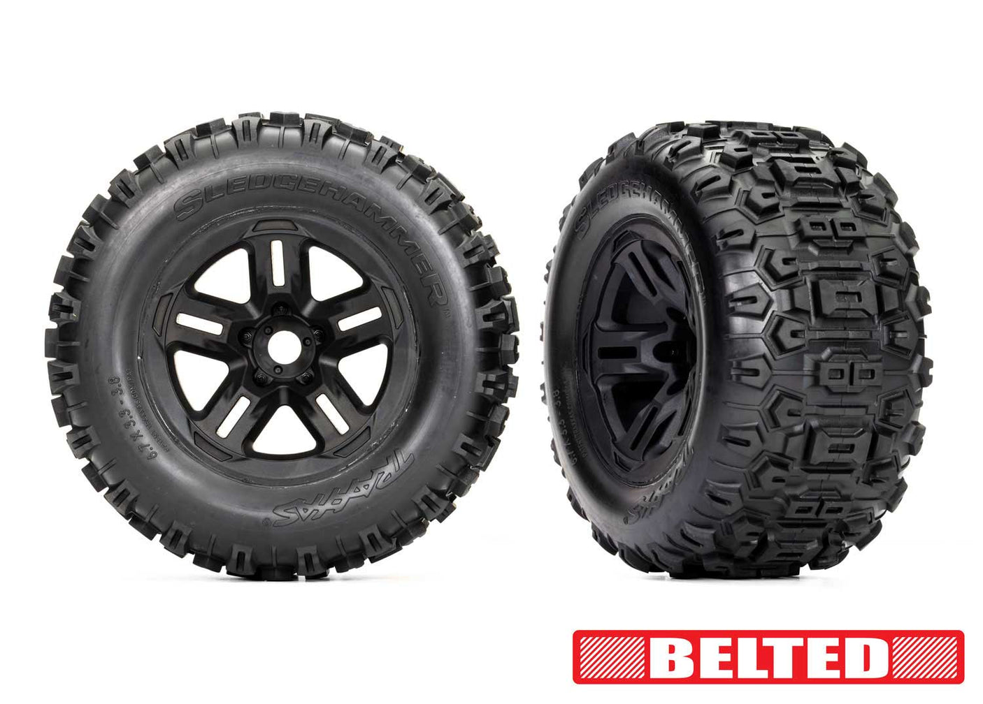Traxxas 3.8-inch black wheels with belted Sledgehammer tires for RC trucks, showing the tires mounted on the wheels.